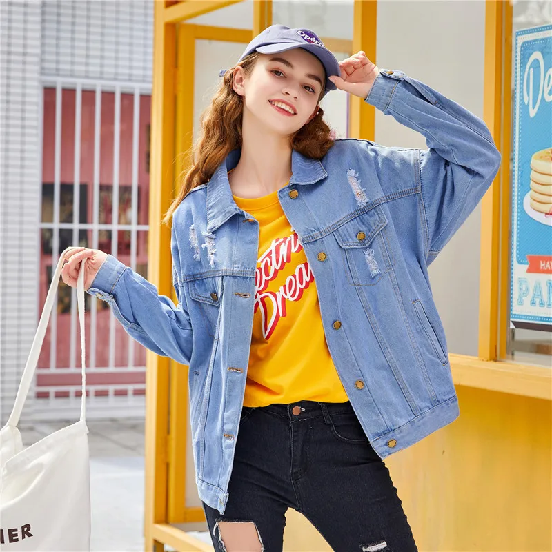 

Women Fashion Lapel Long Sleeve Hole Denim Jacket Vintage Washed Blue Light Blue Short Cowboy Coat Autumn Casual Chaqueta Mujer