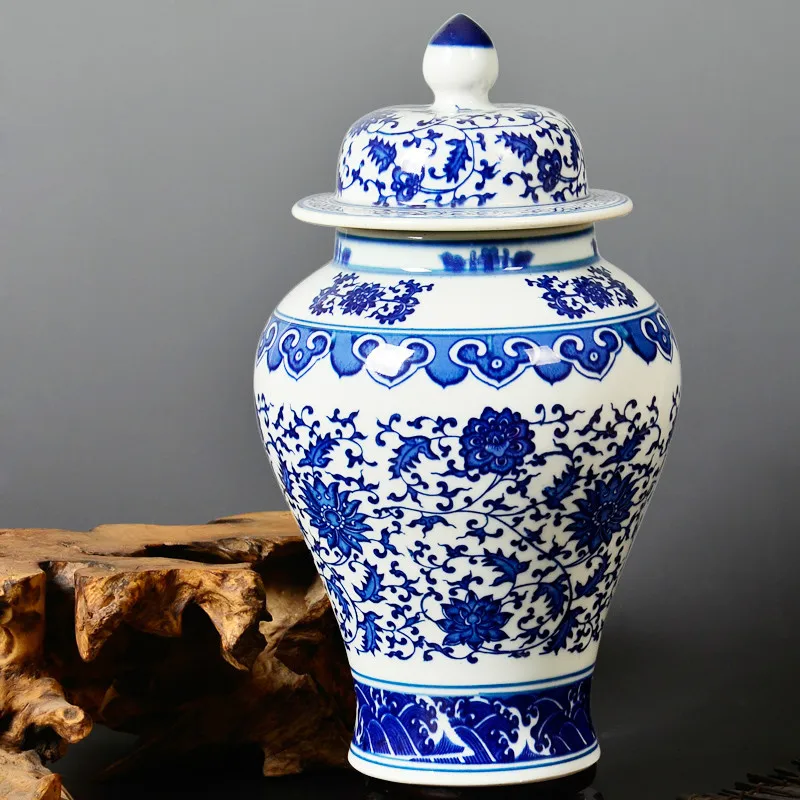 

Antique Blue and White Porcelain Lotus General Tank Ginger Jars Home Furnishing Jingdezhen Ceramic Vase Decoration