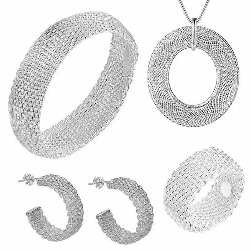 

Hot 925 sterling silver Pretty Woven Mesh pendant necklace earrings bangle ring for women fashion party wedding jewelry set gift