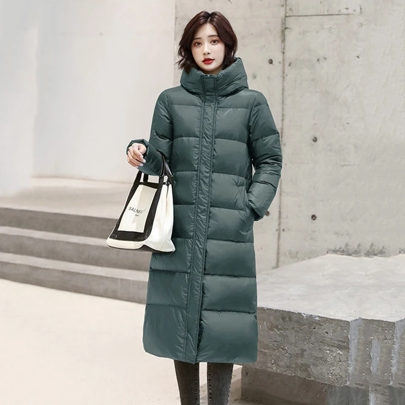 Winter Thicken Warm Glossy Parka Women Elegant Solid Color Hooded Long Down Padded Jackets Ladies Casual Loose Slim Outwear Coat