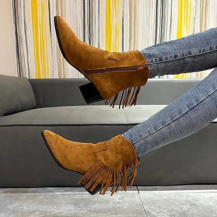 Chelsea Boots Ankle Fringe Chunky Heels Western Cowboy Style Shoes Short Elegant Woman Heeled Gothic Plus Size Women's Clothing