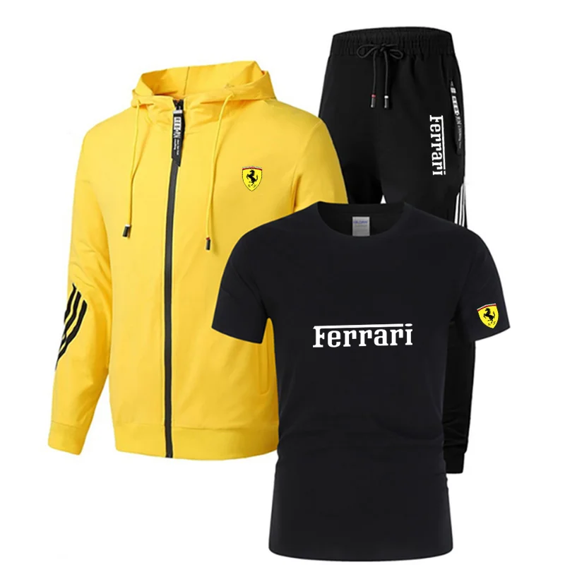Casual men's Sportswear Spring Sportswear T-shirt men's 3-piece set+sweatpants printed brand zipper men's Sweatshirt suit large