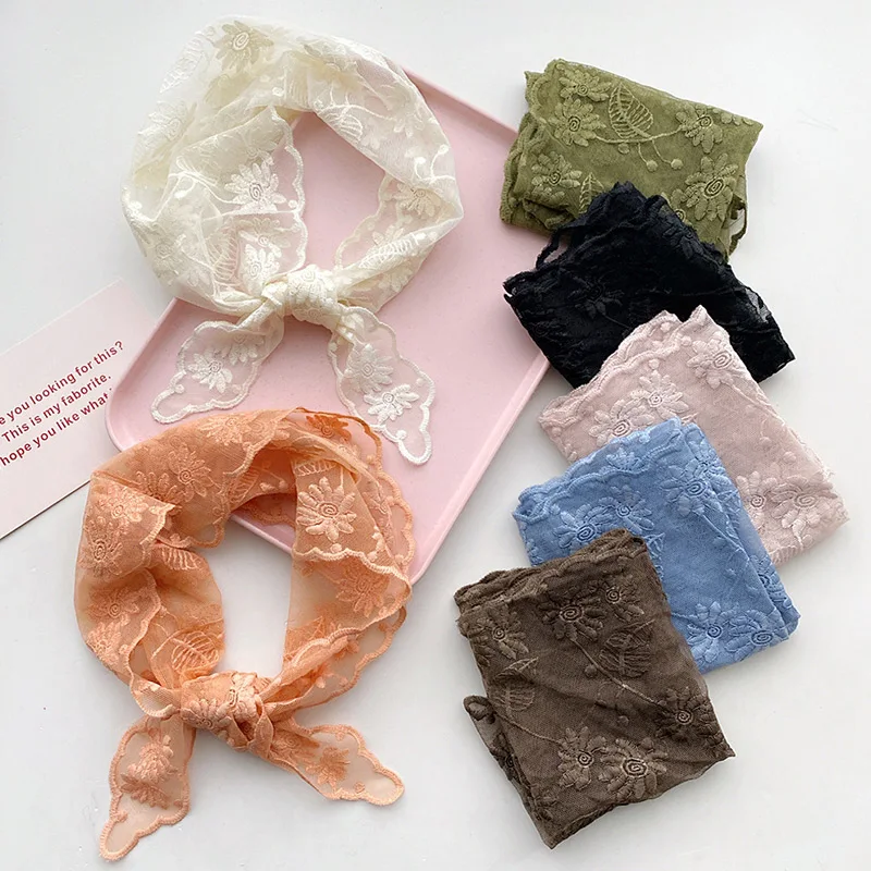 

New Brand Plain Hollow Lace Triangle Scarf Office Lady Wrist Hair Tie Snood Foulard Headband Shawls and Wraps Neckerchief 2023