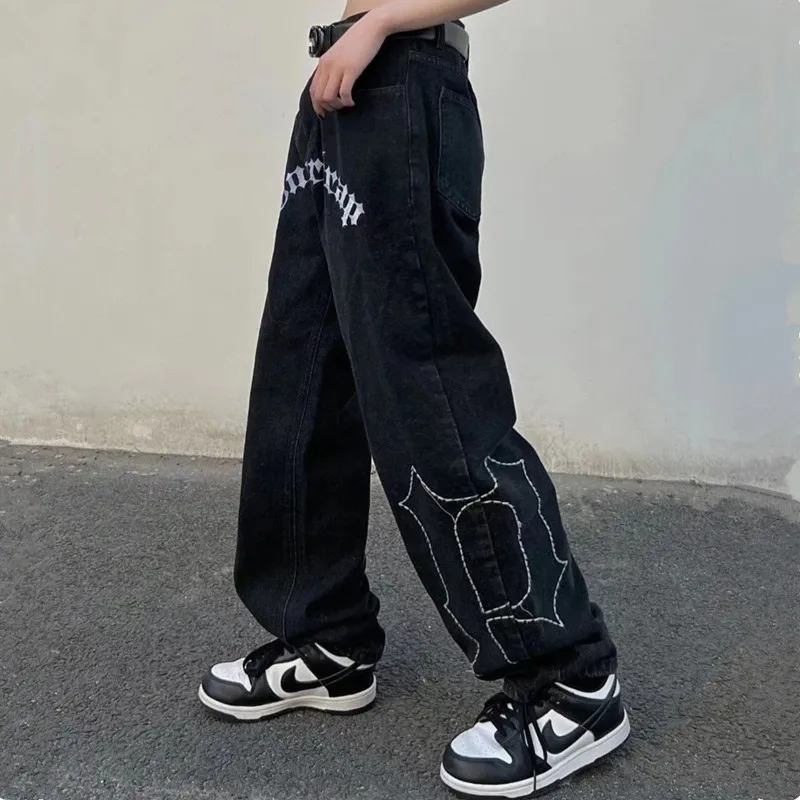 2022 High Street Letter Embroidery Black Oversize Men Hip Hop Jeans Trousers Harajuku Straight Women Baggy Vintage Denim Pants