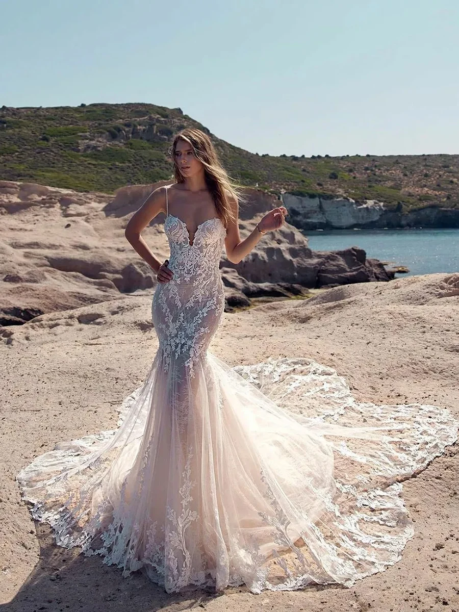 

Элегантное свадебное платье-русалка, прозрачные кружевные свадебные платья с V-образным вырезом, белое платье на бретелях