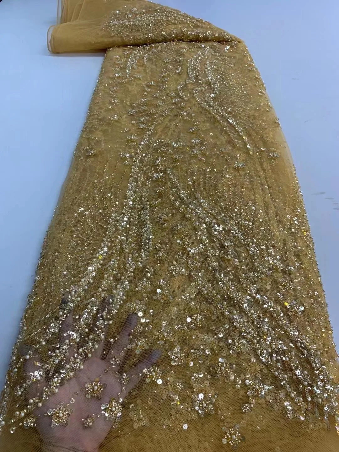 

Heavy Handmade Beads Lace Fabric 2022 High Quailty Tulle Mesh Lace Fabrics French Beaded Lace for Nigeria Bridal Lace Garments