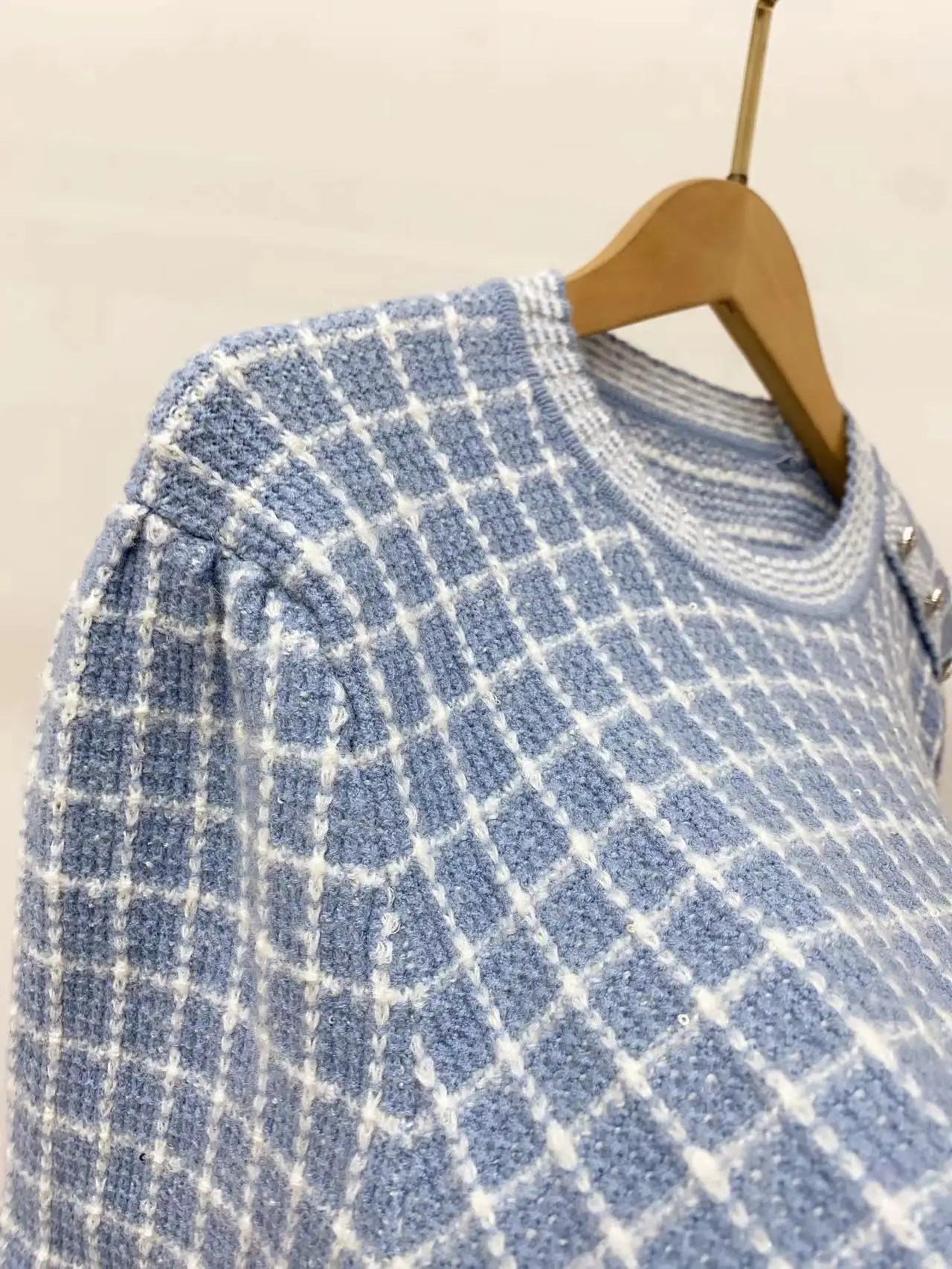 

Summer 2023 Women Knit Plaid Sweater Short Sleeve Shoulder Buttons Sweet O-neck Female Knitted Pullover