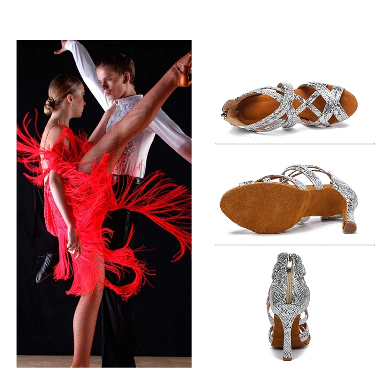 DKZSYIM Women Dance Shoes Snakeskin pattern Salsa Latin Ballroom Shoes Sexy High Heel 7-10cm Dance Shoes Hot Sale Dancing Shoes