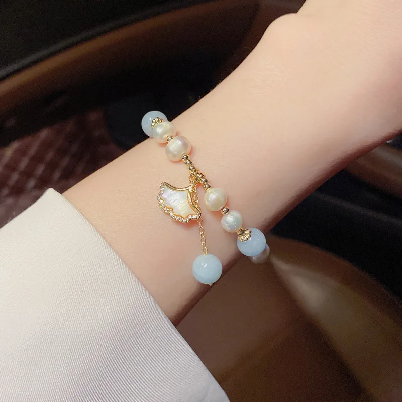 

Freshwater Pearl Bracelet Female Aquamarine Crystal Bracelet Apricot Leaf Pendant Niche Design Ins High-end Net Red Bracelet