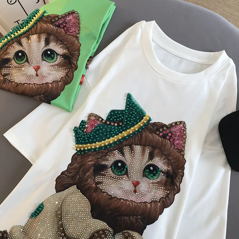 Роскошная Летняя женская футболка в стиле Харадзюку с бисером и бриллиантами