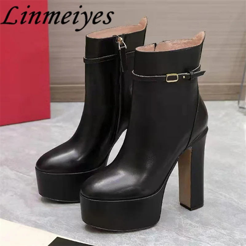 

Extreme High Heels Boots Women Genuine Leather Runway Square Heel Ankles Shoes Female Hot Sale Zipper Platform Modern Boots