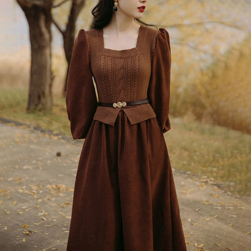 

2022 Women Vintage France One Piece Sweater Splice Dress Solid Color Square Neck Puff Long Sleeves Korean Style Autumn Dress