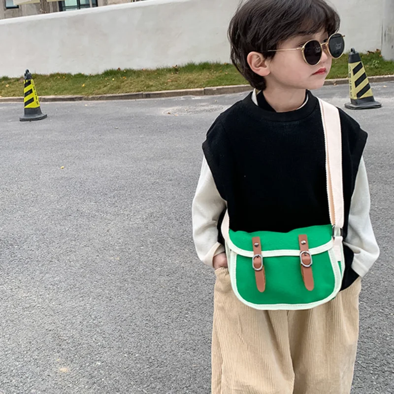 Children Shoulder Bags 2022 Spring Fashion New Style Boys Girls Contrast Canvas Messenger Bag