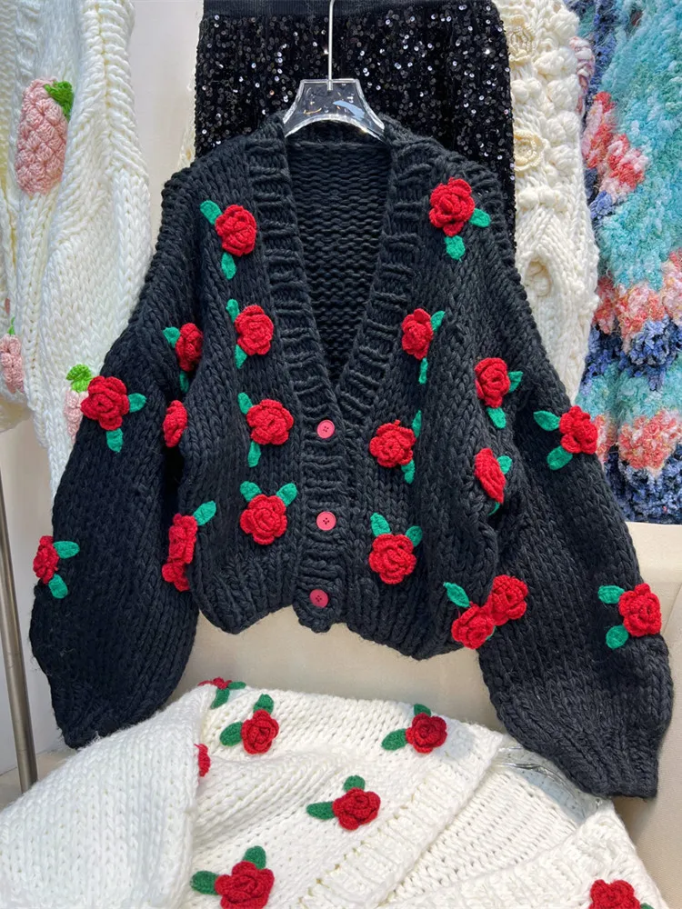 2022 New Fall Winter Sweater for Women Heavy Industry Crochet Thick V-neck Flower Knitted Cardigan Thickened Sweaters Coat Woman