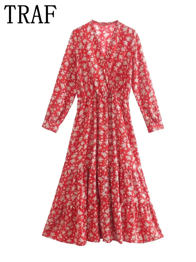 

Платье-миди женское длинное с оборками и длинным рукавом