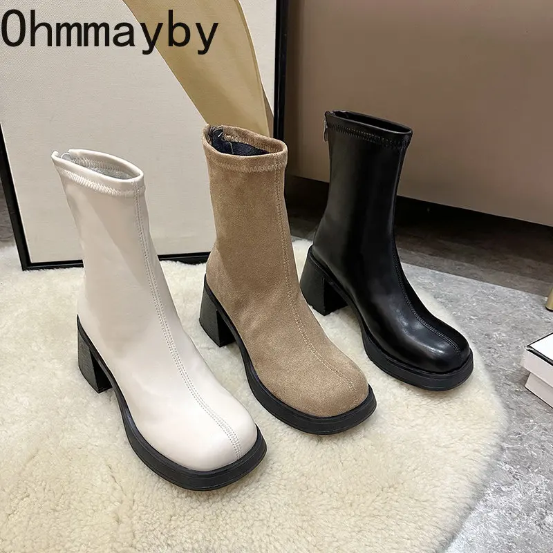 

2022 зимние женские ботильоны на платформе, модные женские короткие ботинки с квадратным носком, сапоги Suqare на толстой подошве и высоком кабл...