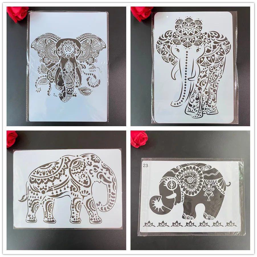 4pcs / set A4 Mandala elephant Stencils Painting Coloring Embossing Scrapbook Album Decorative Template stencil  CN(Origin)