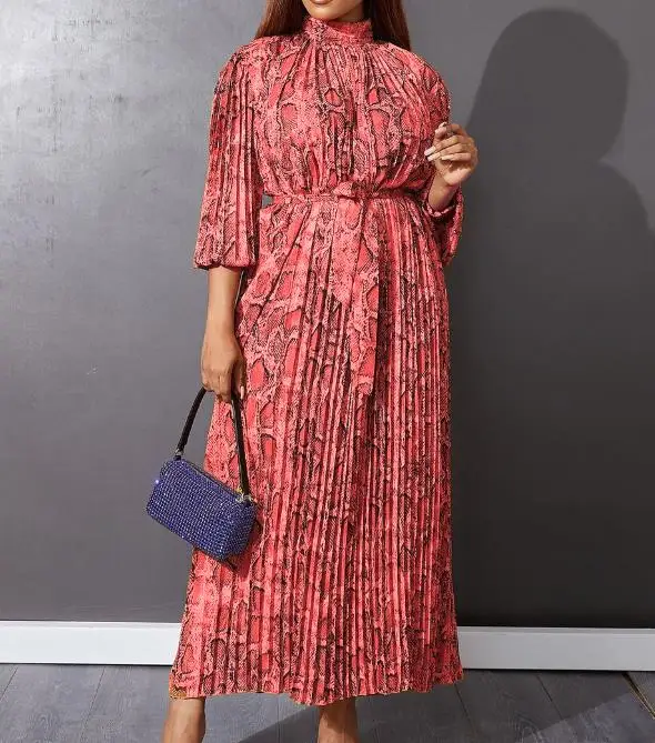 

Elegant Lace Up Long Dress for Woman 2023 Autumn New Fashion Pleated Lace Up Half High Collar Long Sleeves Female A-line skirt