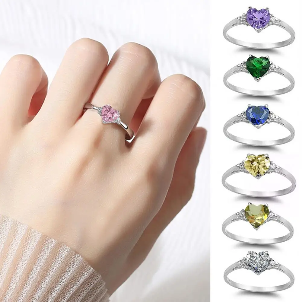 

Women Ring Shiny Cubic Zirconia Inlaid Bright Luster Decoration Emerald Heart-shaped Promise Ring Fashion Jewelry for Girlfriend