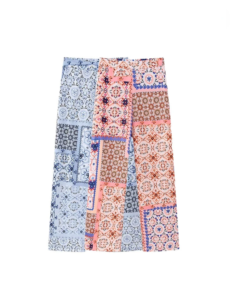 

New TRAF Women's Fashion Printed Straight Pants Vintage High Waist Back with Elastic Female Trousers Mujer Casual Wide Leg Pants