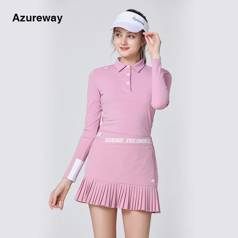 

Azureway Golf Women's Long Sleeve T-shirt Lapel Slim Golf Top Versatile Auntumn Winter Sportswear Pleated Skirt for Ladies
