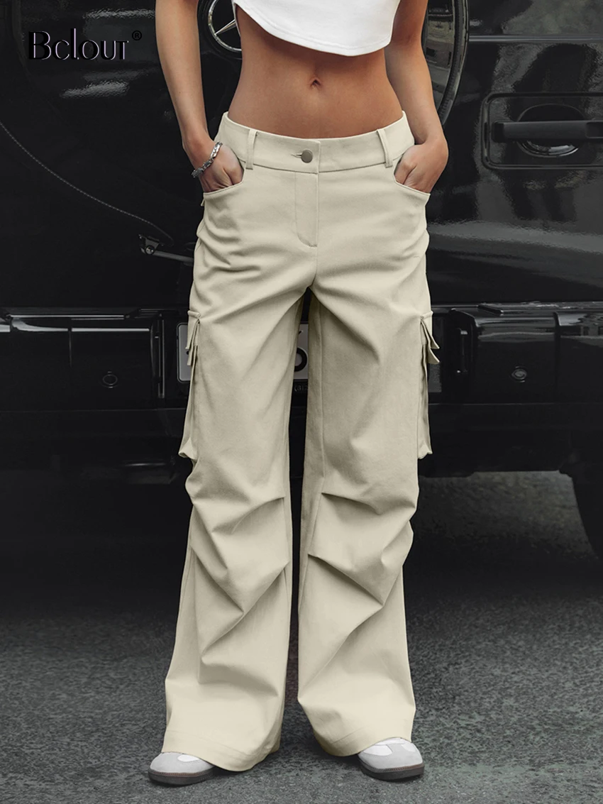 

Bclout Fashion Ruched Cargo Pants Women 2023 Streetwear Khaki Low Rise Waist Long Trousers Autumn Solid Loose Pockets Pants Chic