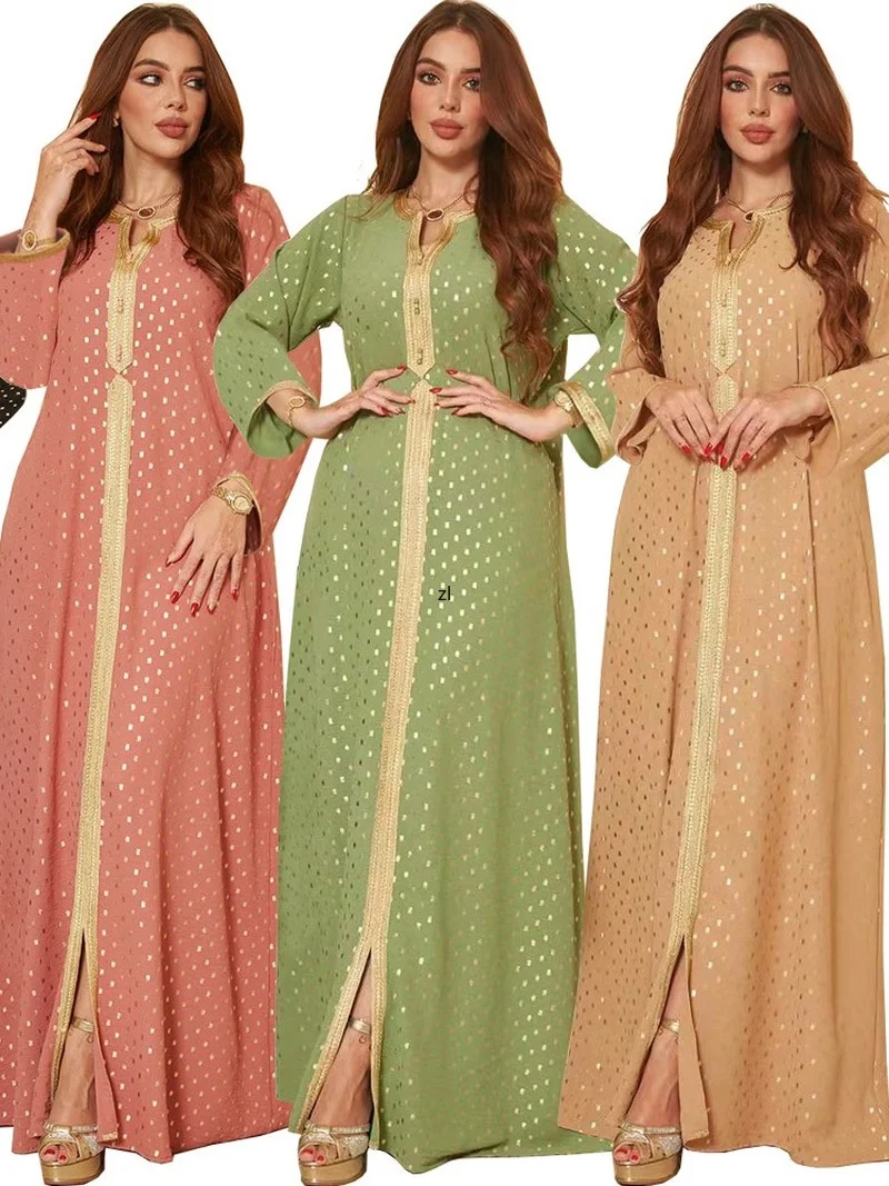 

Muslim Dubai Lace Gold Stamp Abaya Dress for Women Turkey Arabic Oman Moroccan Caftan Middle East Islamic Clothing 2022