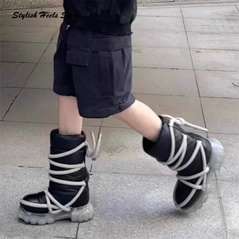 Стильные сапоги до середины икры на толстой подошве со шнуровкой для женщин