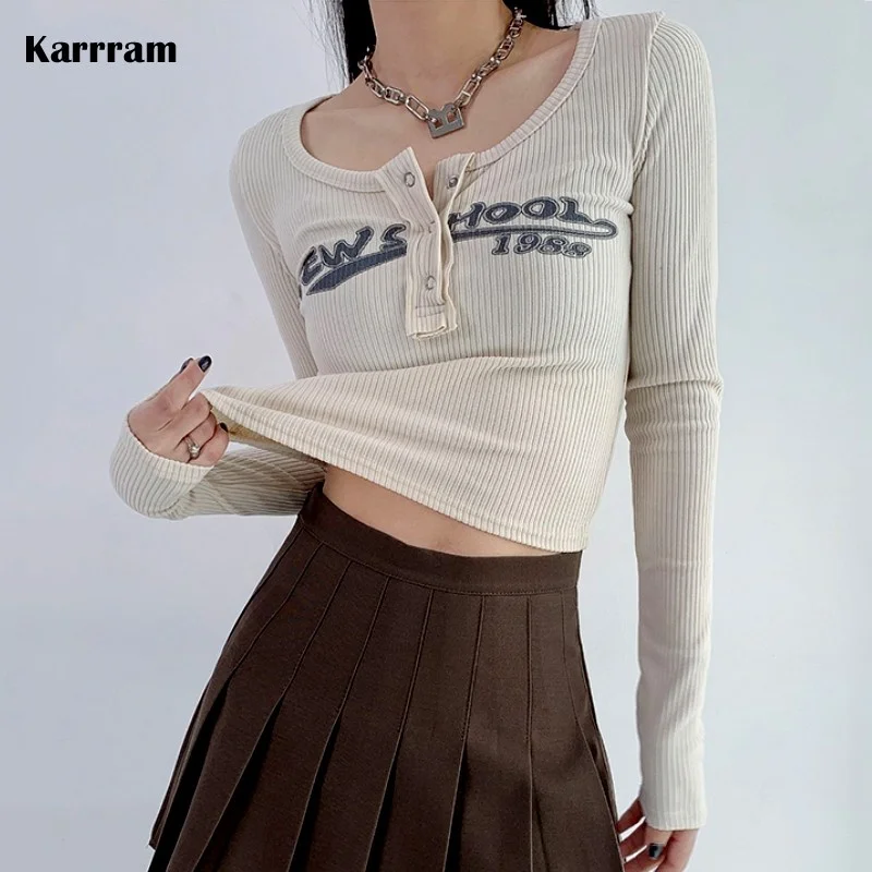 

Винтажный укороченный топ с буквенным принтом, гранж, футболки в рубчик, сексуальная облегающая футболка с длинным рукавом, Женская корейская мода, уличная одежда