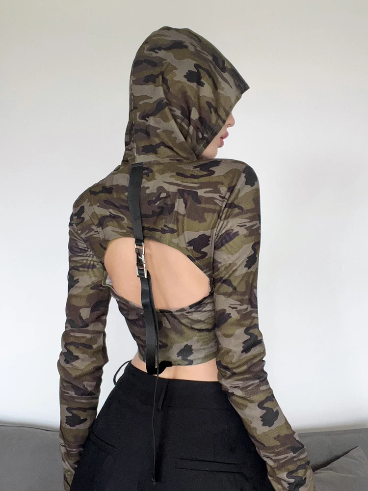 

WeiYao Camouflage Vintage Crop Top Long Sleeve Y2K T-Shirts Women Back Cut Out Sexy Hoodies Buckle Ribbon Street Gothic Tees