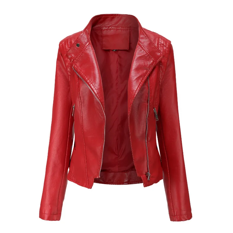Women's Leather Jackets Slim-fit Leather Jackets Wind-resistant Zippered Red Motorcycle Jackets Elegantly Wear Women's Jackets