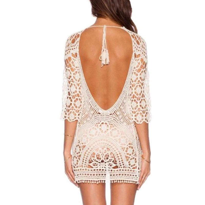 Vestido de Praia sem Costas Rendas até Borla Oco para Fora Branco Praia Cover-up Mulher Verão Sexy Maiô Cobrir 2022