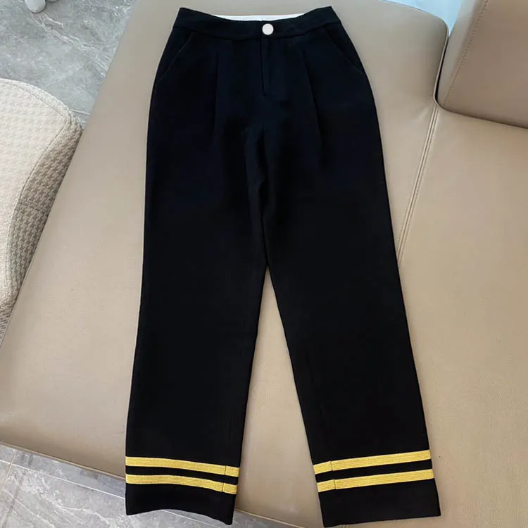 

Высококачественные теплые шерстяные брюки для женщин, элегантные прямые брюки с эластичным поясом, Модные свободные черные брюки с золотым...