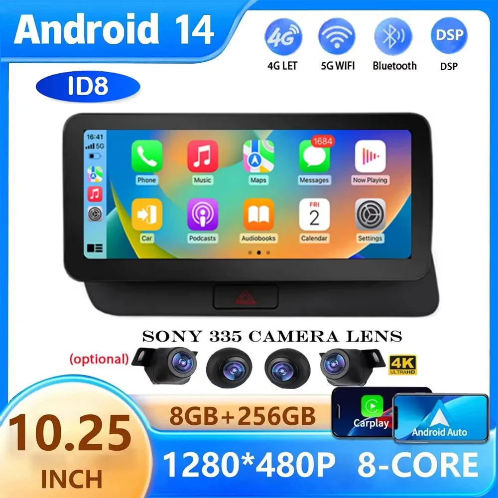 10 25-дюймовый Android 14 беспроводной Carplay BT автомобильный радиоприемник для Audi Q5 2009-2017