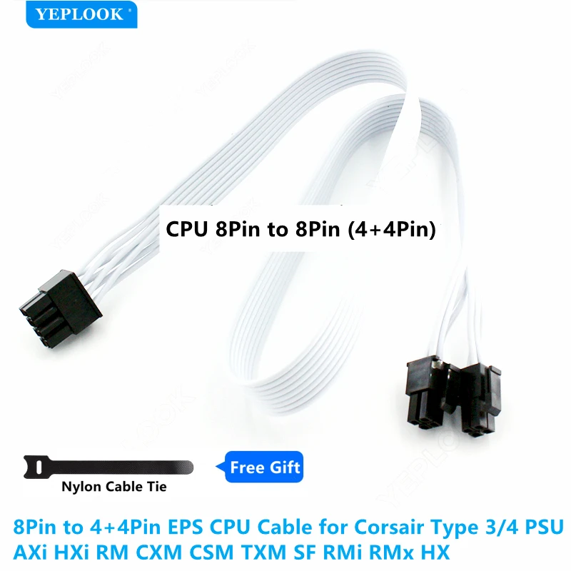 

White 8Pin to 4+4Pin EPS CPU Power Cable for Corsair 450W to 1500W Type 3/4 PSU AXi HXi RM CXM CSM TXM SF RMi RMx HX 18AWG 60CM