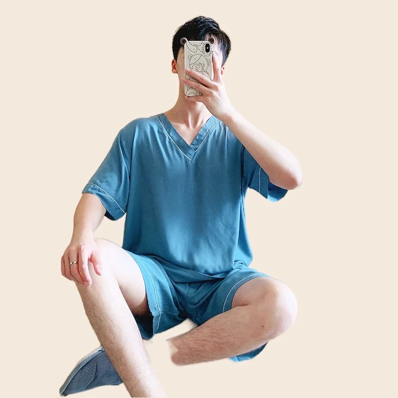 Men's Pajamas Set Short Sleeve T-shirt Shorts 2Piece/Set Summer Casual V-Neck Pyjams Homewear Cozy Plus Size Simple Sleepwear