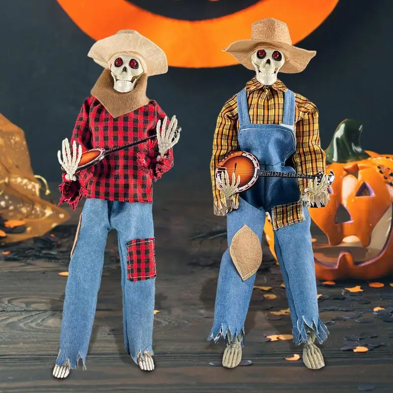 

2023 Latest Skeleton Figurines Horror Night Gifts Funny Luminescent Animated Dueling Banjo Skeletons For Halloween Desk Decor