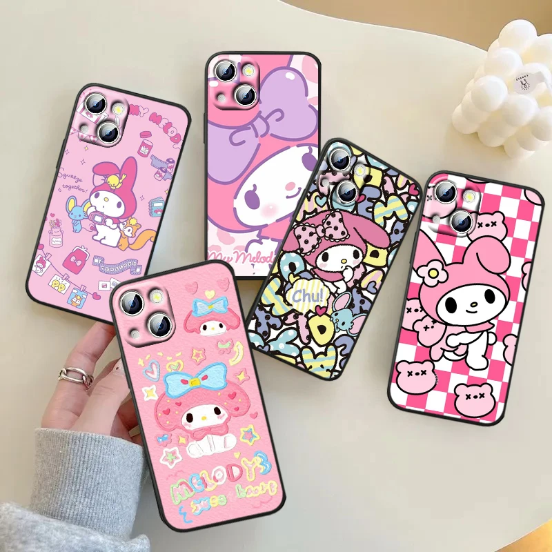 

Sanrio Melody Cartoon Cute For iPhone 14 13 12 11 Pro Max XS Max X XR 7 8 Plus 6S 5S Silicone Black Shell Phone Case