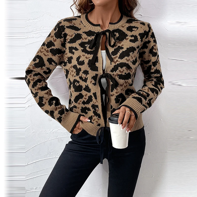 Fall Winter Casual Long Sleeve Cardigans Tops Vintage Women's Loose Commuting Jumper New Leopard Printed Lace Up Knitted Sweater |