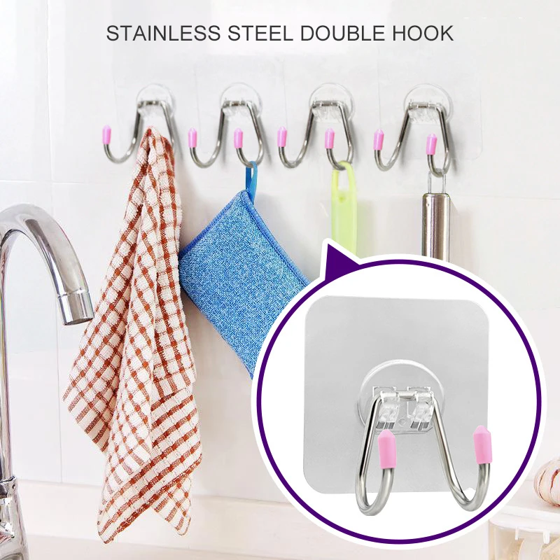 

Practical Wall Hook Stainless Steel Self-adhesive Punch-free Double Hook Heavy Duty Hooks Kitchen Storage Hooks Viscose Hooks