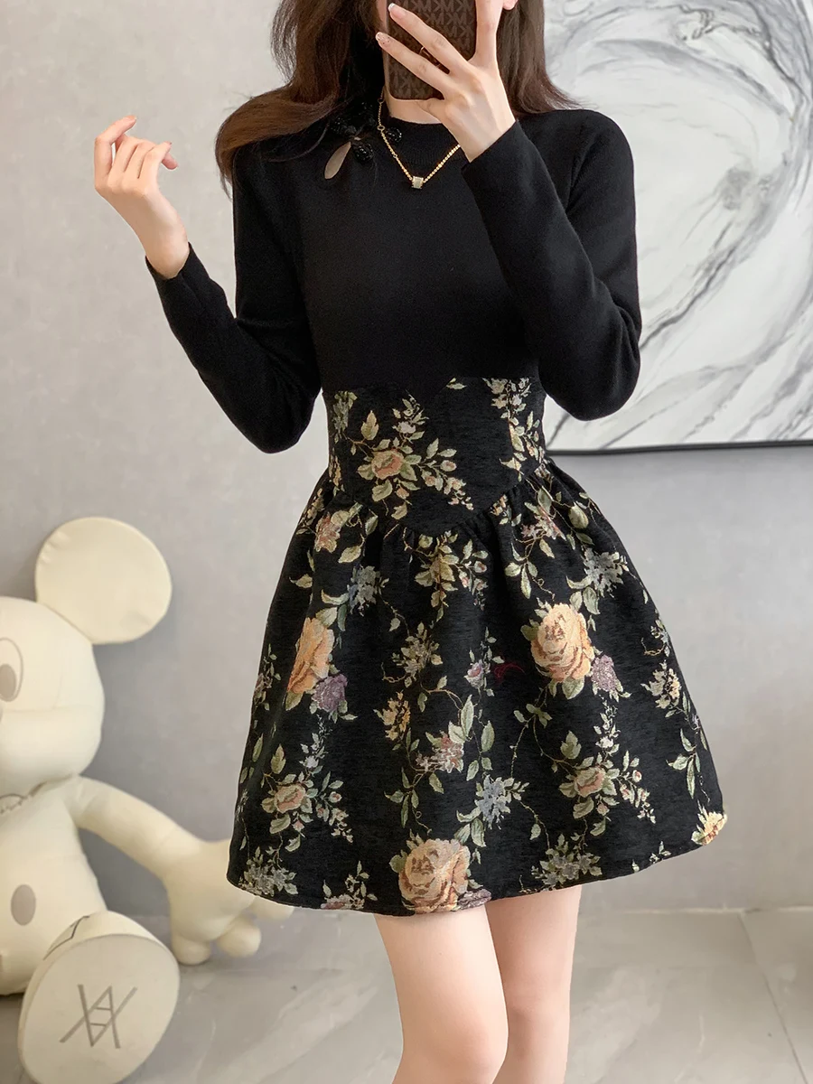 Новое китайское трикотажное платье в стиле ретро во французском для женщин 2024