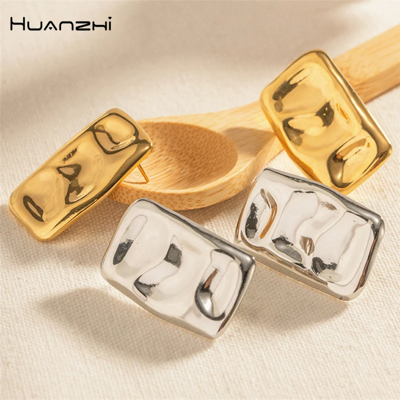 

HUANZHI Large Wrinkle Geometric Square Stainless Steel Stud Earrings for Women Exaggerated Big Vintage Gold Color Jewelry New