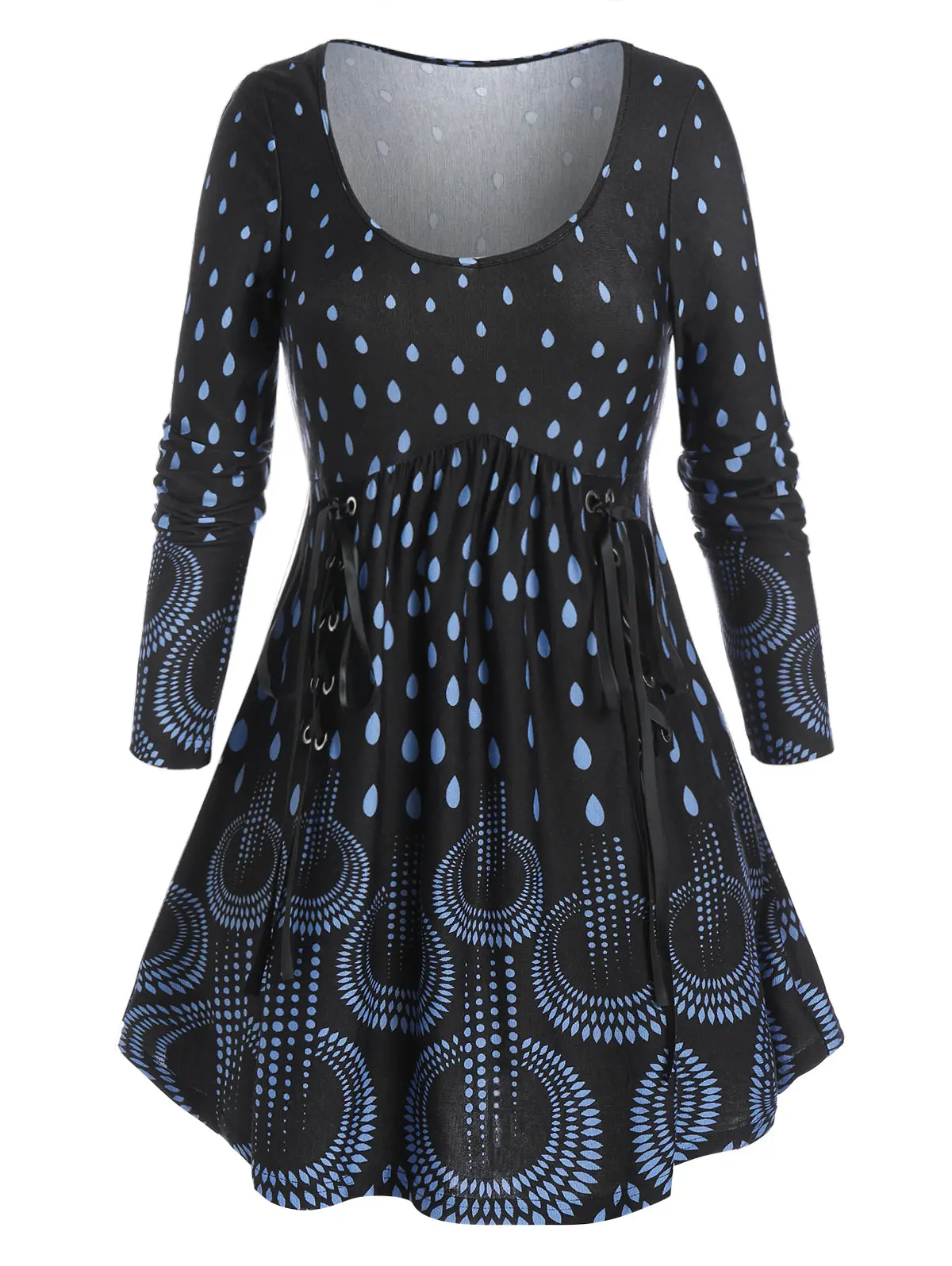 

Rosegal Plus Size Waterdrop Print Lace-up Long Sleeve Tee Skirted Long Women Tops For Fall 5XL 4XL 3XL