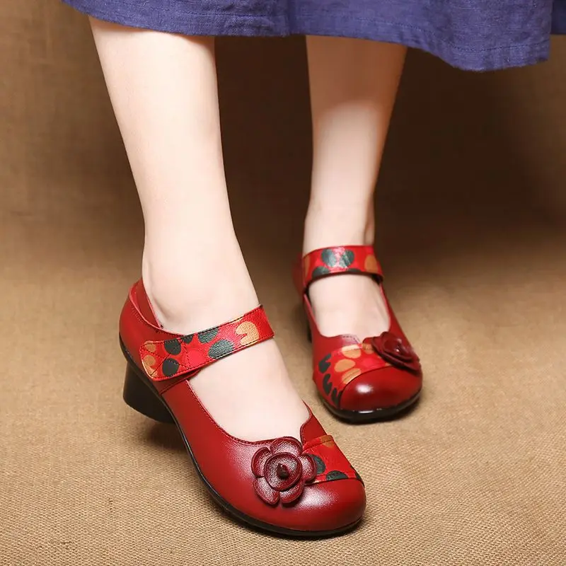 

Plus Size 35-42 Geunine Leather Flats Woman Mom Ethnic Mary Jane Shoes Luxury Brand Mid-aged Chunky Heeled Pumps 2024 Spring New