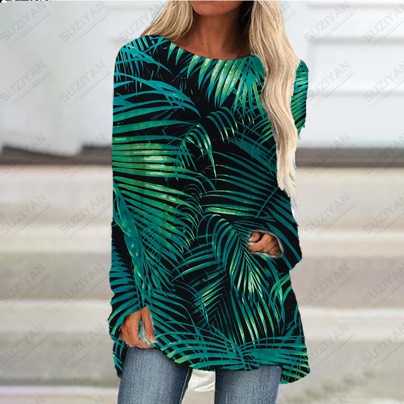 

Spring and Autumn Leisure Women's Bohemian Plus Size 3D Printed Long Sleeve Long T-shirt Women's Fashion Hawaiian Short Skirt