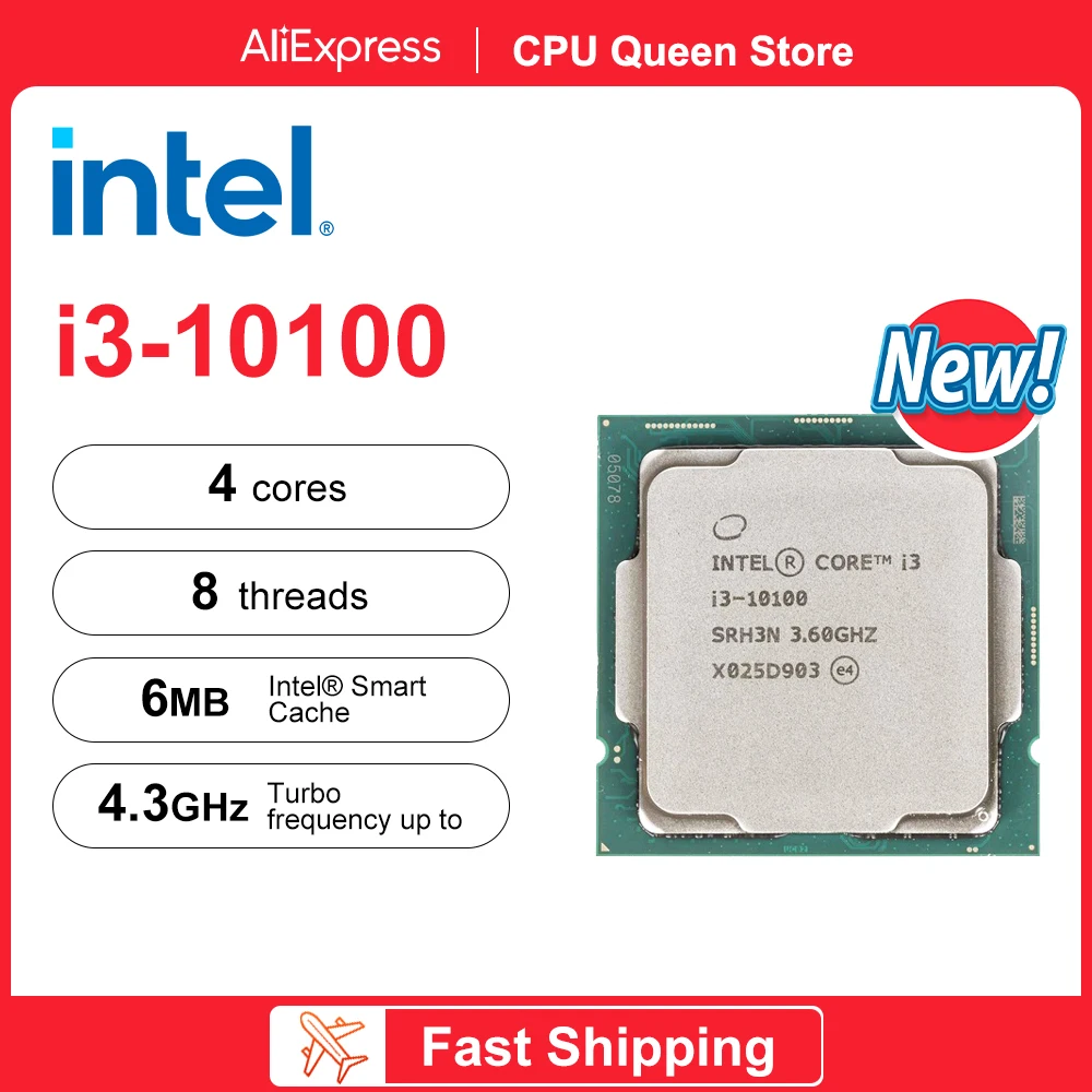 Процессор Intel Core i3 10100, 3,6 ГГц, 4 ядра, 8 потоков, L2 = 1 Мб, L3 = 6 Мб, 65 Вт, сокет LGA 1200