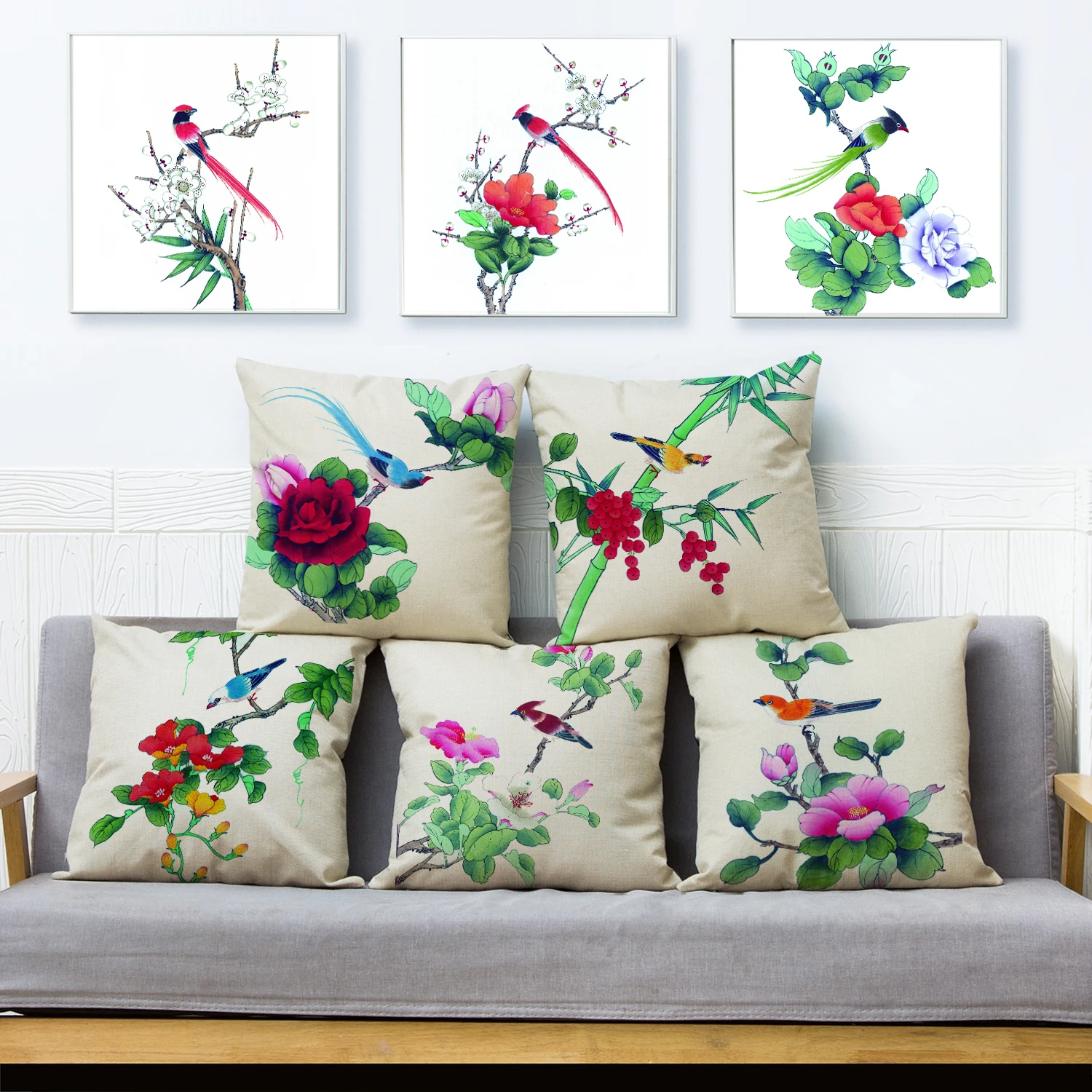 

Chinese Ink Birds and Flower Cushion Cover Decor Cartoon Floral Animal Pillowcase Polyester Pillow Case for Sofa Home 45x45cm