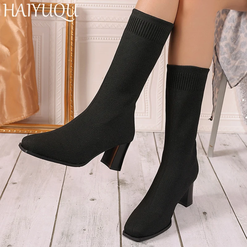 Женские вязаные сапоги до середины икры на высоком каблуке дизайнерская модная