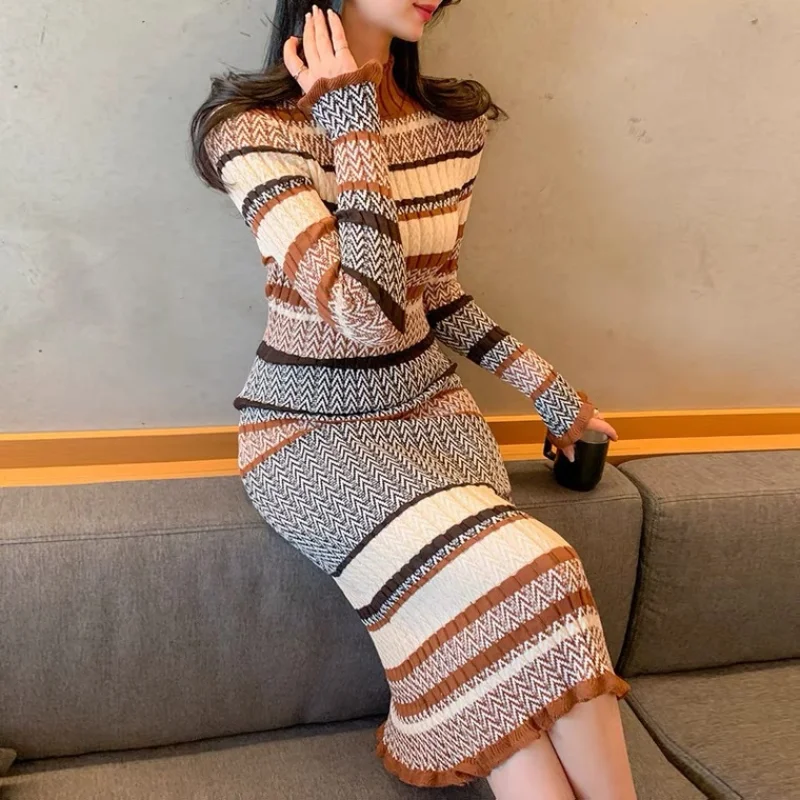 

Women's New Style Temperament Slim Dress Knitted Fashion Color Matching Sweater Bottomed Skirt Dress Dress Dress for Women