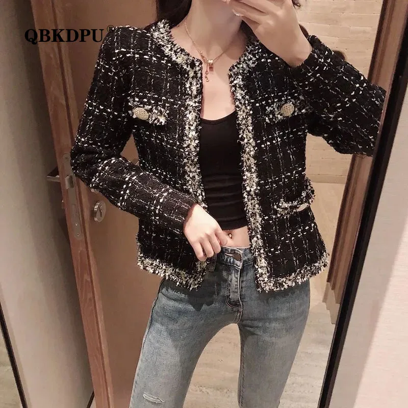 

2022 Fashion New Women Plaid Cropped Tweed Jacket Vintage Slim Long Sleeve Fringe Jacket Korean Spring Coat Chaquetas Para Mujer